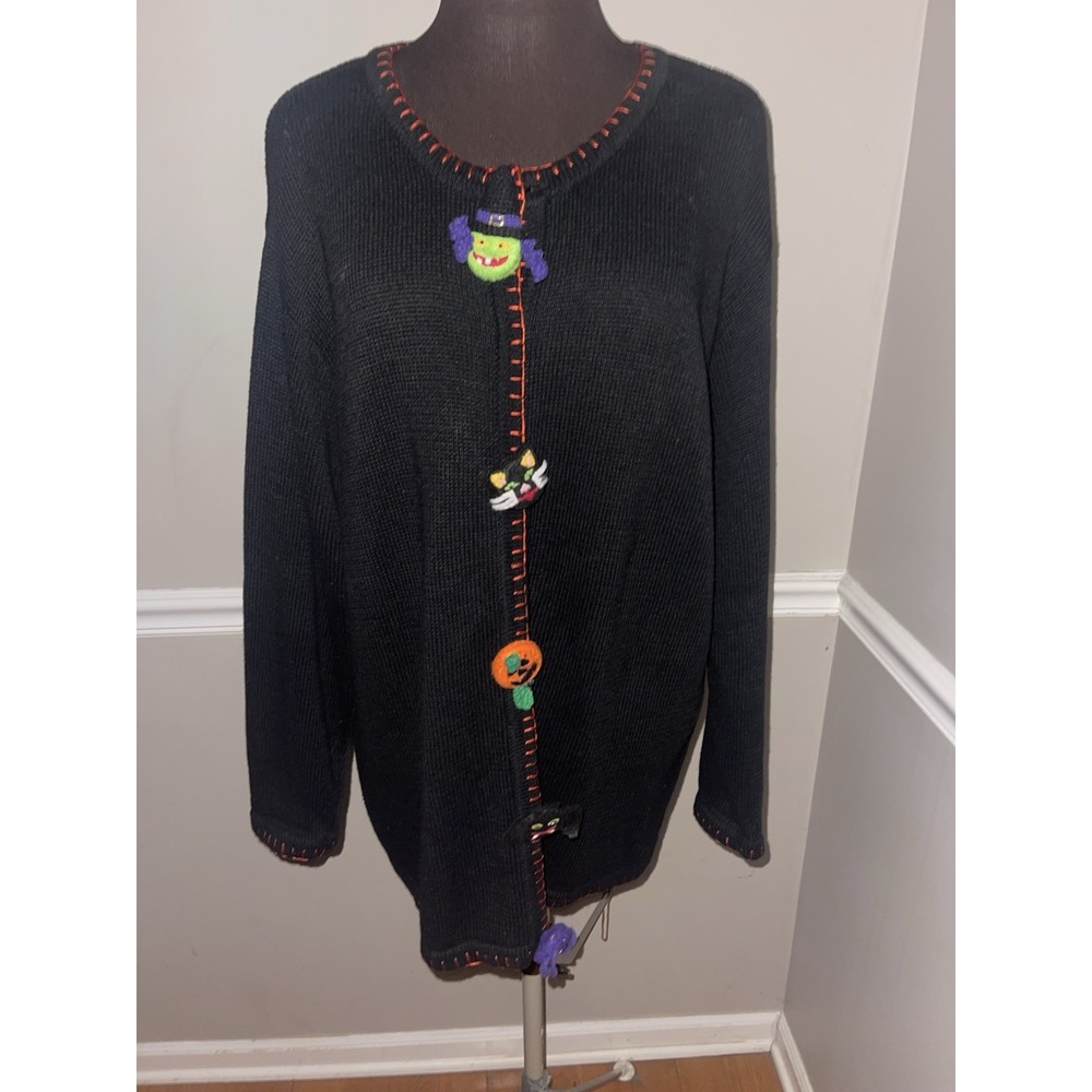 Lemon Grass Plus Size Halloween Button Down Sweater Black Witch Cat Pumpkin 1X